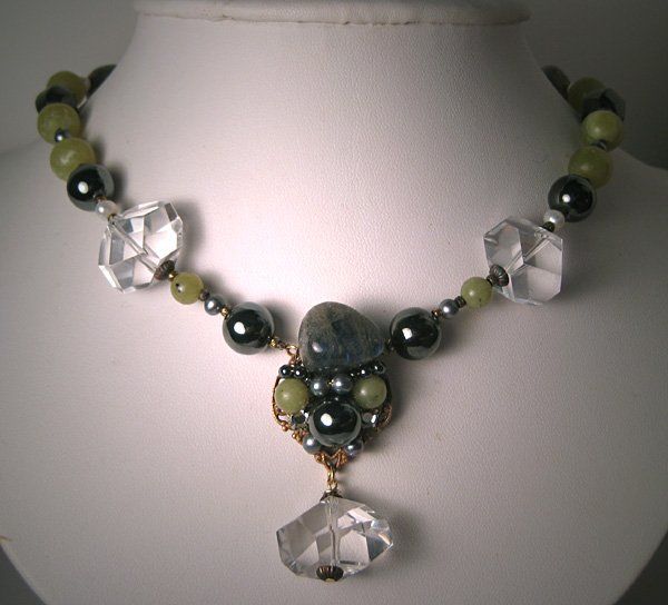 Rock Crystal Labradorite Hematite Pearl Necklace by J. Wass Designer Jewelry