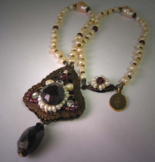 Antique Inspired Garnet Pearl Handmade Necklace by J. Wass Designer Jewelry