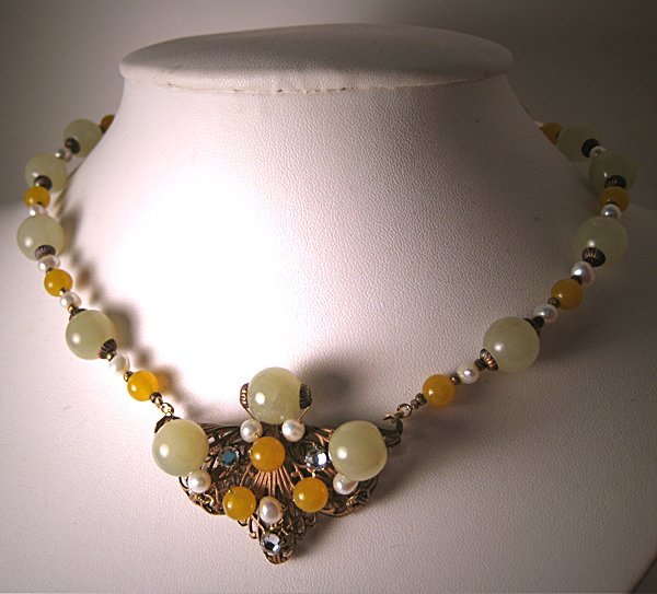 Green Jade Yellow Quartz Necklace with Pearls by J. Wass Designer Jewelry