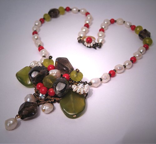 Coral Smokey Quartz Pearl Necklace Handmade by J. Wass Designer Jewelry