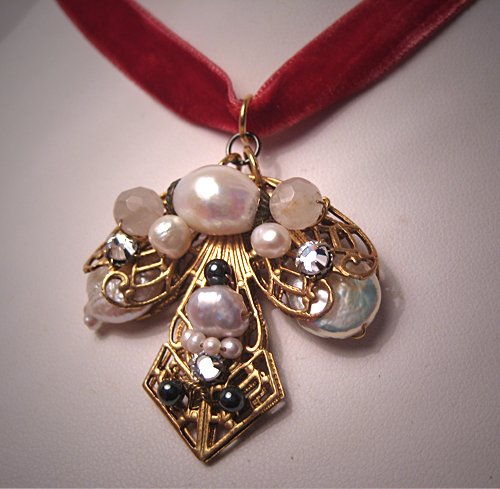 Pearl Necklace by J. Wass Designer Jewelry Pendant on Rose Ribbon