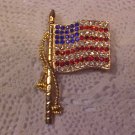 RED WHITE & BLUE GOLD TONE RHINESTONE  FLAG PIN/PENDENT