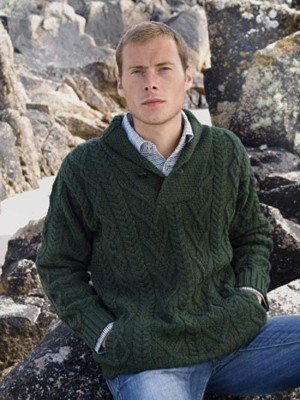 Size XXLarge Men's Shawl Collar Irish Wool Sweater in Green