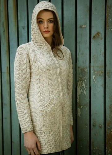 Aran Irish Wool Sweater Hooded Zipper Coat in Natural Size Large