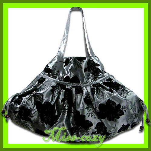 THAI SILK SHOULDER BAG HANDBAG SILVER BIG FLORAL HOBO / B113