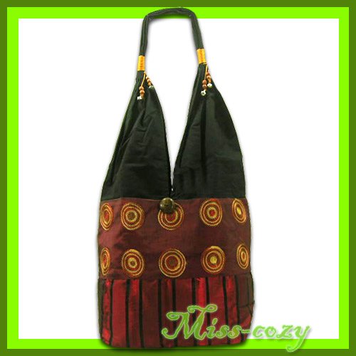 THAI SILK EMBROIDERED SHOULDER BAG BURGUNDY HOBO B127