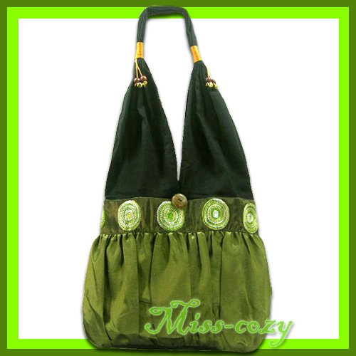 THAI SILK EMBROIDER SHOULDER BAG GREEN-GOLD HIPPIE HOBO / B129