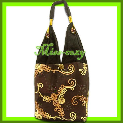 THAI SILK SHOULDER BAG BROWN EMBROIDERED TOTE HOBO / B147