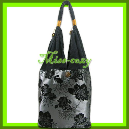 THAI SILK SHOULDER BAG GRAY-SILVER BIG FLORAL TOTE HOBO / B141