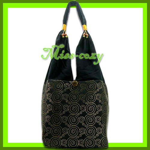 THAI SILK HAND SHOULDER BAG BLACK GOLD TOTE HOBO / B140