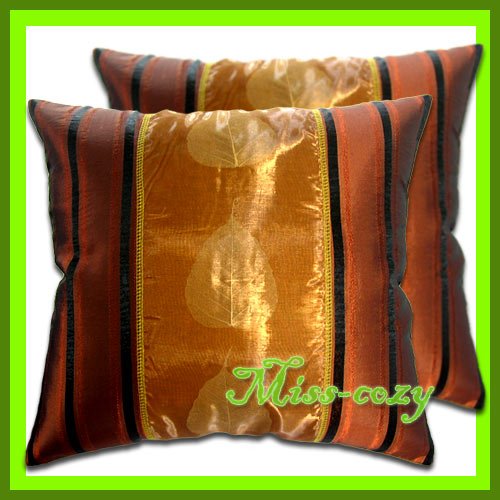2 THAI SILK CUSHION CASE PILLOW COVER BROWN LEAVES / 1192