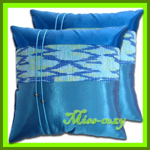 2 THAI SILK THROW CUSHION PILLOW COVER BLUE AQUA / 1201