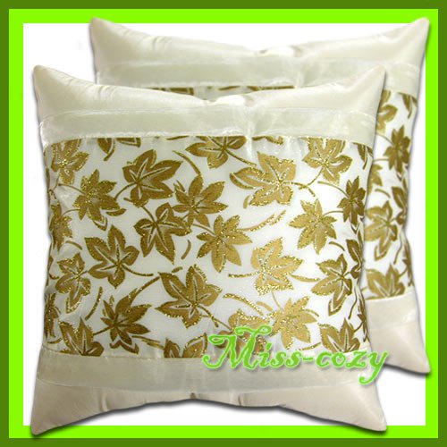 2 THAI SILK CUSHION PILLOW COVER IVORY/GOLD FLORAL / 1171