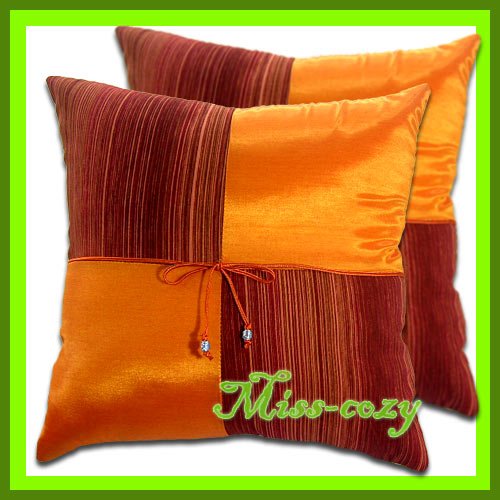 2 THAI SILK THROW CUSHION CASE PILLOW COVER ORANGE / 1114
