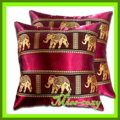 2 THAI SILK CUSHION CASE PILLOW COVER ELEPHANT RED / 1135
