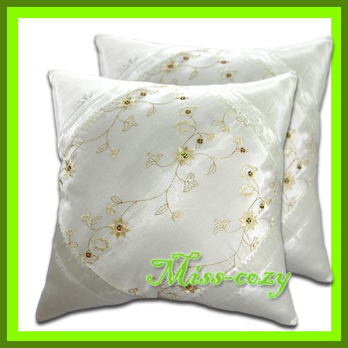 2 THAI SILK CUSHION CASE PILLOW COVER WHITE FLORAL / 1137