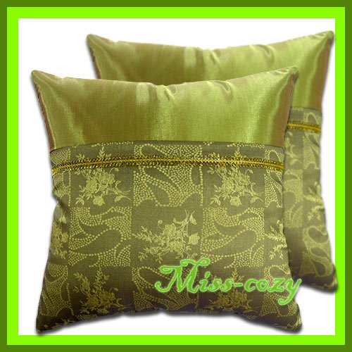 2 THAI SILK THROW CUSHION CASE PILLOW COVER GREEN / 1142