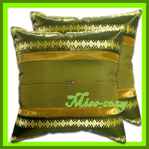 2 THAI SILK CUSHION CASE PILLOW COVER GREEN/GOLD / 1159
