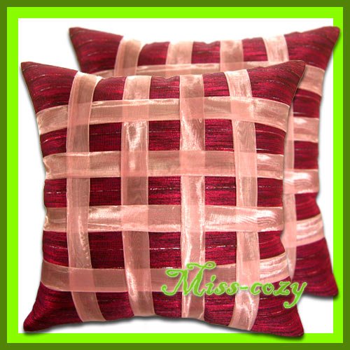 2 THAI SILK CUSHION CASE PILLOW COVER RED RIBBON / 1165