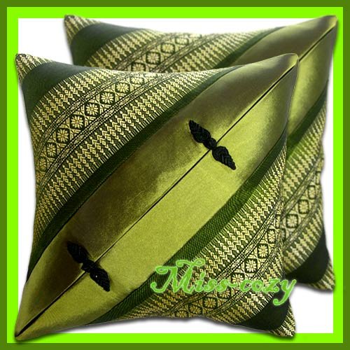 2 THAI SILK CUSHION THROW PILLOW COVER GREEN CHINESE / 1200