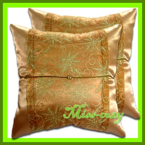 2 THAI SILK CUSHION CASE PILLOW COVER BROWN FLORAL / 1207