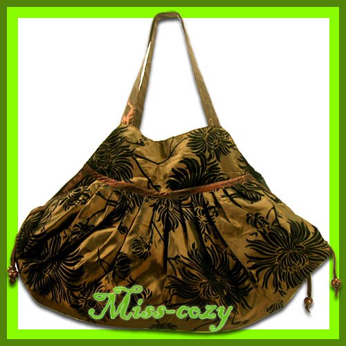 THAI SILK HAND SHOULDER BAG BROWN FLORAL VELVET TOTE HOBO / B102
