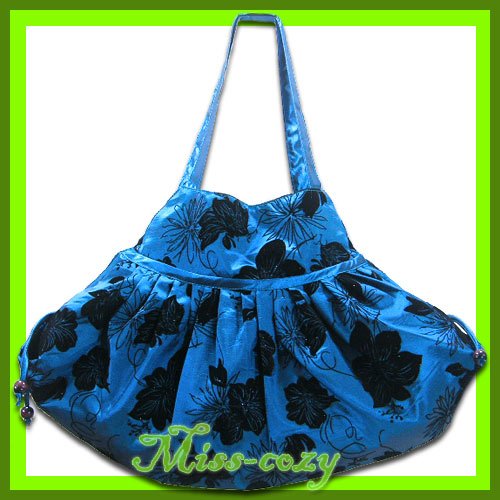 THAI SILK SHOULDER BAG BLUE BIG FLORAL HIPPIE TOTE HOBO / B112