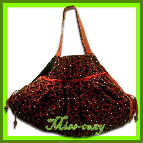 THAI SILK SHOULDER HAND BAG BURGUNDY BLINK HIPPIE HOBO / B119