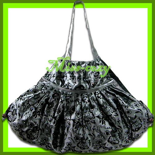 THAI SILK HAND SHOULDER BAG GRAY-SILVER FLORAL GYPSY HOBO / B121