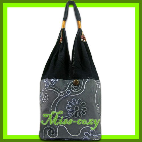 THAI SILK SHOULDER BAG GRAY EMBROIDER TOTE HOBO / B150