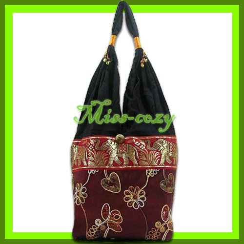 THAI SILK SHOULDER BAG HOBO MAROON EMBROIDER TOTE / B154
