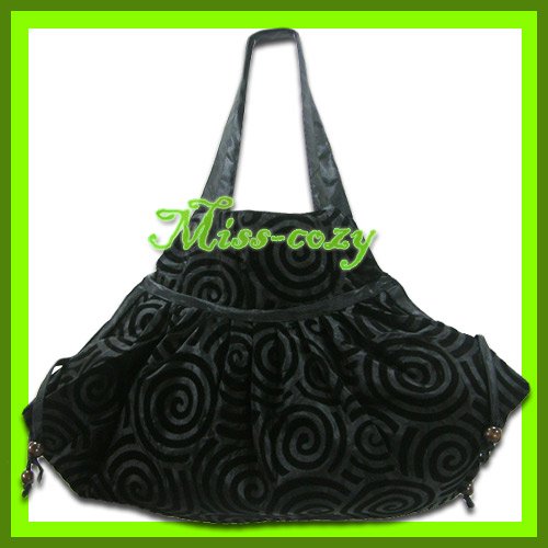THAI SILK SHOULDER HAND BAG BLACK GYPSY HIPPIE HOBO / B104