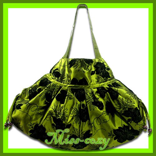 THAI SILK SHOULDER BAG GREEN BIG FLORAL VELVET HOBO / B114