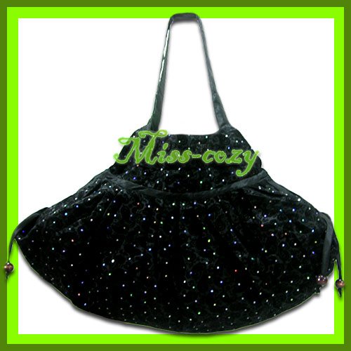 THAI SILK SHOULDER HAND BAG BLACK BLINK HIPPIE TOTE HOBO / B118
