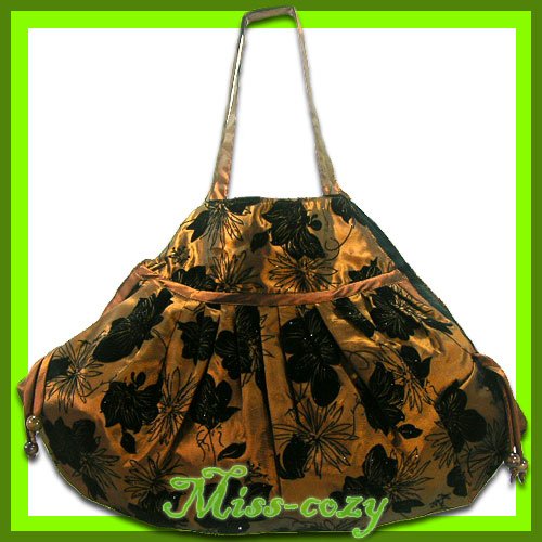 THAI SILK SHOULDER BAG BROWN BIG FLORAL HIPPIE HOBO / B111