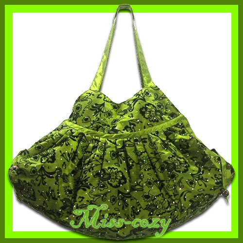 THAI SILK SHOULDER HAND BAG GREEN FLORAL GYPSY HOBO / B124