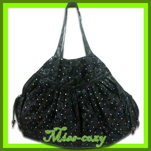 THAI SILK SHOULDER HAND BAG BLACK FLORAL VELVET HOBO HIPPIE / B126