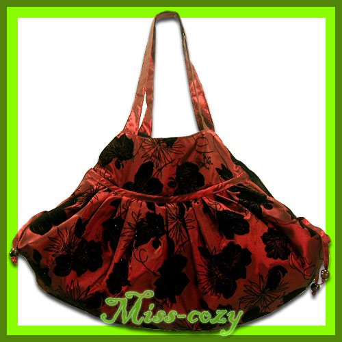 THAI SILK SHOULDER HAND BAG BURGUNDY BIG FLORAL HOBO / B116