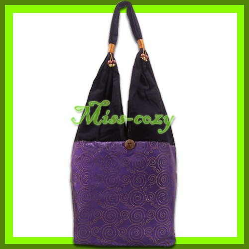 THAI SILK HAND SHOULDER BAG HOBO PURPLE GOLD TOTE / B138