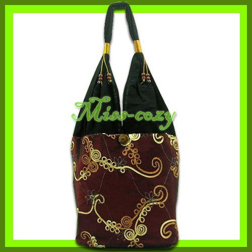 THAI SILK SHOULDER BAG BURGUNDY EMBROIDERED HOBO / B149