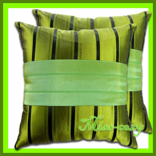2 THAI SILK CUSHION CASE PILLOW COVER GREEN/BLACK / 1106