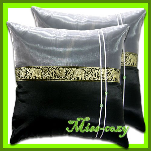 2 THAI SILK CUSHION PILLOW COVER ELEPHANT BLACK TWO-TONE / 1129