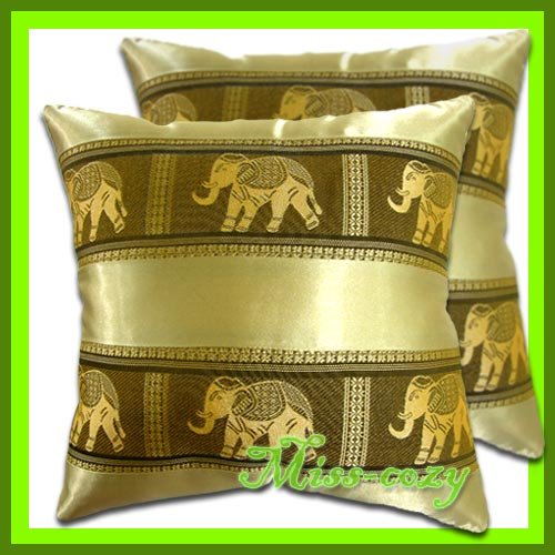 2 THAI SILK CUSHION THROW PILLOW COVER ELEPHANT GOLD / 1134