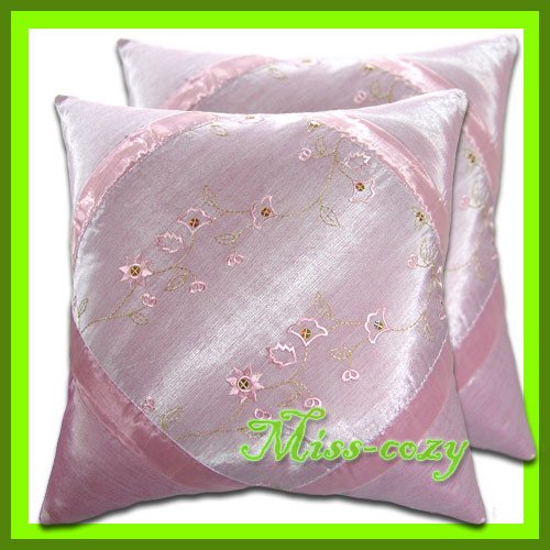 2 THAI SILK CUSHION CASE PILLOW COVER PINK FLOWER EMBROIDERED / 1139