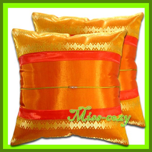 2 THAI SILK CUSHION CASE PILLOW COVER ORANGE/GOLD / 1160