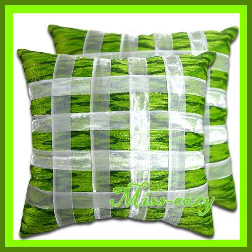 2 THAI SILK CUSHION CASE PILLOW COVER GREEN RIBBON / 1169