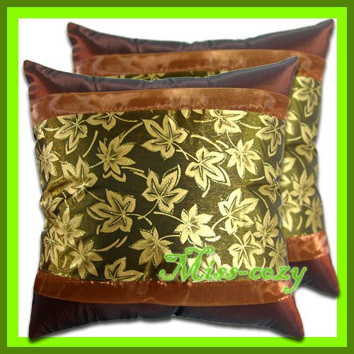 2 THAI SILK CUSHION CASE PILLOW COVER BROWN FLORAL / 1170
