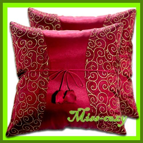 2 THAI SILK THROW CUSHION CASE PILLOW COVER RED/GOLD / 1180