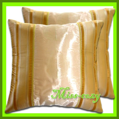 2 THAI SILK THROW CUSHION PILLOW COVER BEIGE LEAVES TWO-TONE / 1194