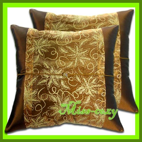 2 THAI SILK CUSHION CASE PILLOW COVER BROWN FLORAL / 1211